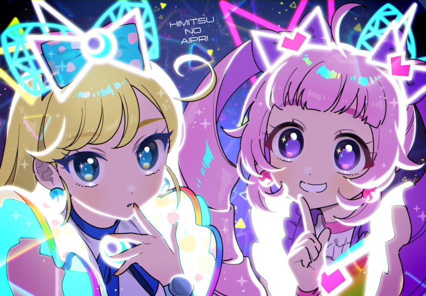 2girls aozora_himari blonde_hair blue_bow blue_eyes blunt_bangs bow commentary_request copyright_name crescent earrings finger_to_mouth glowing_clothes hair_bow hand_up himitsu_no_aipri hoshikawa_mitsuki idol_clothes index_finger_raised jewelry long_hair looking_at_viewer multiple_girls open_mouth oshiri_(o4ritarou) pink_hair pretty_series purple_bow shushing smile twintails upper_body violet_eyes