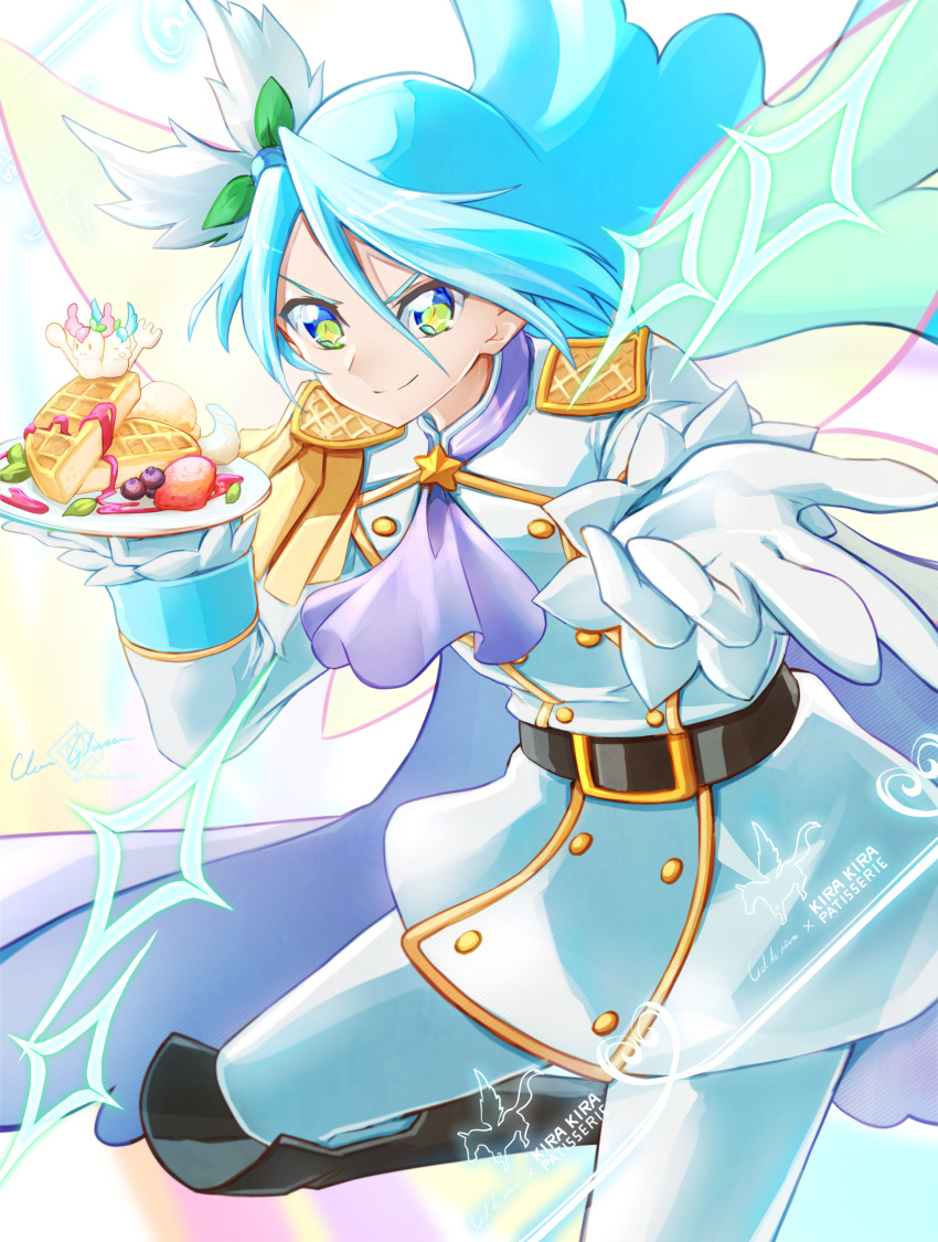 1boy artist_name blue_hair cape clear_glass_(mildmild1311) commentary_request cure_waffle eyelashes food gloves hair_ornament happy highres kirakira_precure_a_la_mode long_hair looking_at_viewer magical_boy pikario_(precure) precure signature smile solo standing twitter_username waffle white_gloves