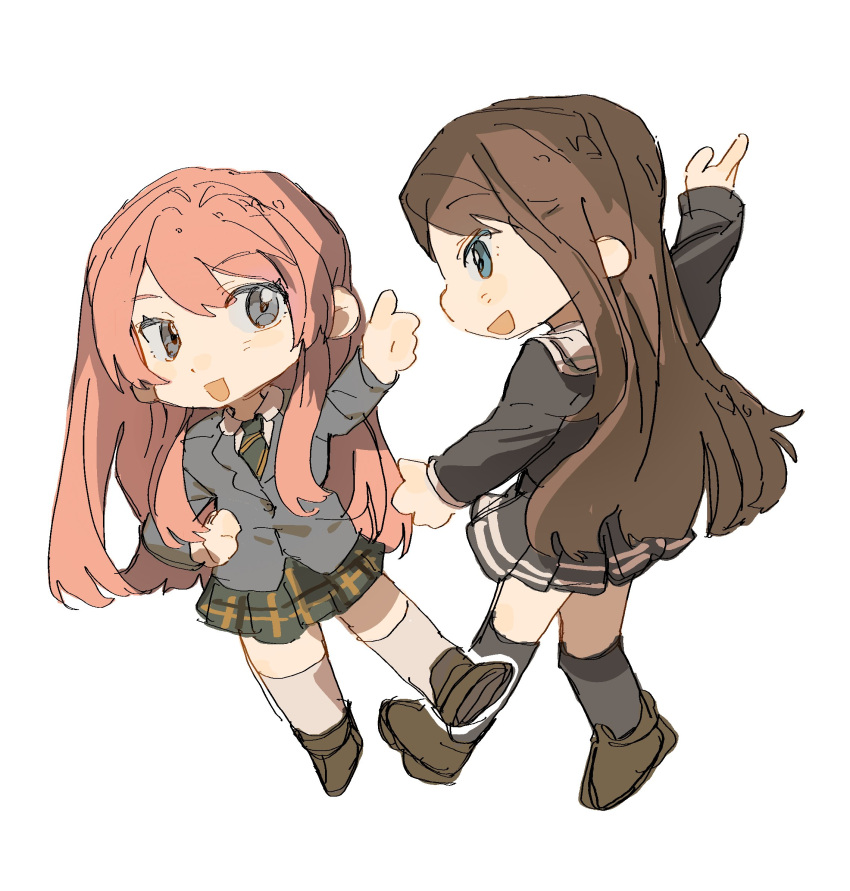 2girls artist_request bang_dream! bang_dream!_it's_mygo!!!!! black_shirt blue_eyes brown_footwear brown_hair chibi chihaya_anon chinese_commentary commentary_request commission full_body green_necktie green_skirt grey_eyes grey_jacket haneoka_school_uniform highres jacket kneehighs long_hair long_sleeves multiple_girls nagasaki_soyo necktie open_mouth pink_hair plaid plaid_skirt pleated_skirt sailor_collar school_uniform second-party_source shirt simple_background skirt smile socks tsukinomori_school_uniform white_background white_sailor_collar white_socks