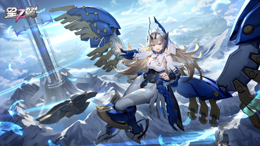 1girl armored_boots bodice boots breasts capelet clouds cloudy_sky copyright_name drone feathers gem griffin_(starward) headpiece high_heels highres jewelry large_breasts light_brown_hair long_hair looking_at_viewer mecha_musume mechanical_wings mountain official_art official_wallpaper open_mouth pantyhose ring skin_tight sky smile starward tower veil violet_eyes white_capelet wings
