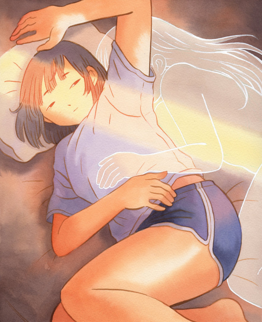 2girls arm_up bed bed_sheet blue_shirt blue_shorts brown_hair ghost hand_on_another's_stomach heikala highres indoors light_rays lying multiple_girls on_bed on_side original pillow see-through_body shirt short_hair short_shorts shorts squinting sunbeam sunlight translucent_hair