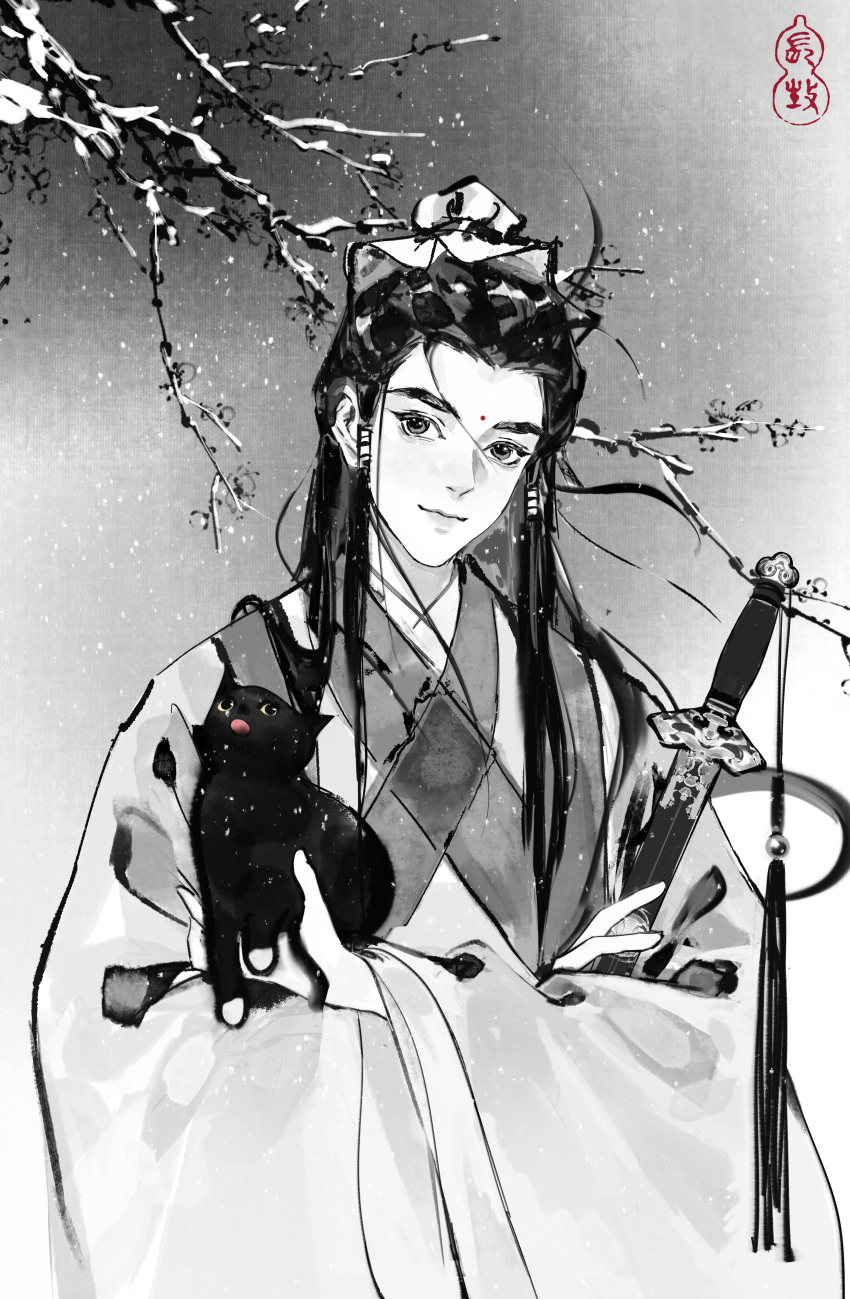1boy absurdres animal black_cat black_hair branch cat chinese_clothes earrings facial_mark forehead_mark greyscale hair_ornament hanfu highres holding holding_animal holding_cat huahua_w jewelry jiaoling_ruqun long_hair long_sleeves looking_at_viewer male_focus monochrome original procreate_(medium) solo upper_body wide_sleeves