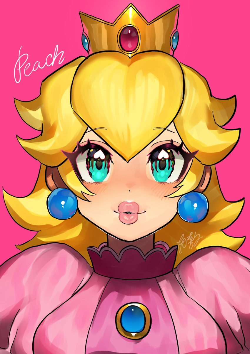1girl absurdres aqua_eyes blonde_hair character_name commentary_request crown dancho_no_mori earrings eyelashes highres jewelry long_hair looking_at_viewer parted_lips pink_background pink_lips princess_peach simple_background solo sphere_earrings super_mario_bros. upper_body