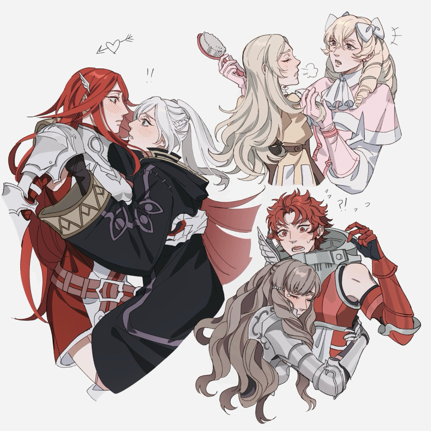 !? 6+girls alternate_hairstyle armor armored_dress black_gloves black_robe blonde_hair blush bow breastplate commentary cordelia_(fire_emblem) cropped_torso dress drill_hair english_commentary eye_contact fire_emblem fire_emblem_awakening gauntlets gloves grey_hair hair_bow hair_brush highres hood hood_down hooded_robe hug lissa_(fire_emblem) long_hair looking_at_another maribelle_(fire_emblem) multiple_girls oratoza profile red_eyes redhead robe robin_(female)_(fire_emblem) robin_(fire_emblem) short_hair simple_background sully_(fire_emblem) sumia_(fire_emblem) sweatdrop twin_drills twintails white_background white_bow white_hair wing_hair_ornament yuri