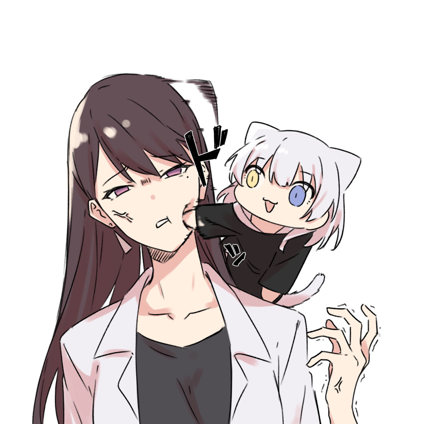 2girls :3 anger_vein animal_ears bang_dream! bang_dream!_it's_mygo!!!!! black_shirt blue_eyes brown_hair cat_ears cat_girl cat_tail collarbone commentary_request earrings hair_between_eyes heterochromia highres jacket jewelry jitome kaname_raana long_hair looking_at_viewer mini_person mole mole_under_eye multiple_girls open_clothes open_jacket open_mouth shiina_taki shirt short_hair simple_background sou_(user_hgyh8775) tail trembling upper_body violet_eyes white_background white_hair white_jacket yellow_eyes