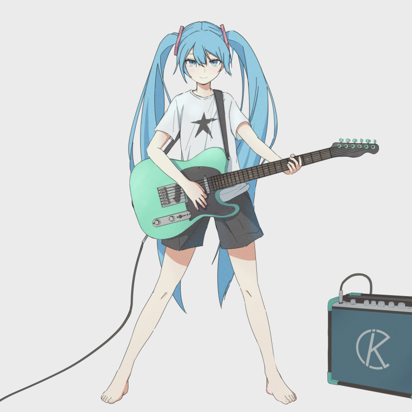 1girl amplifier barefoot blue_eyes blue_hair cable full_body guitar hatsune_miku highres holding holding_guitar holding_instrument instrument keika_(otsukare) long_hair looking_at_viewer shirt short_sleeves shorts smile solo star_(symbol) star_print t-shirt twintails vocaloid