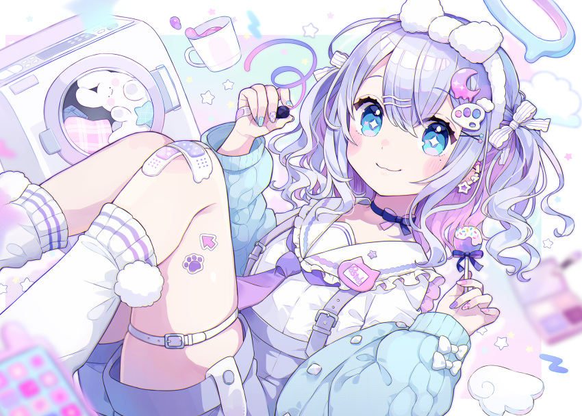 +_+ 1girl blue_choker blue_eyes blue_jacket blue_nails choker chon_(chon33v) closed_mouth commentary_request cup feet_out_of_frame frilled_sailor_collar frills hair_between_eyes hair_ornament hairclip halo hands_up highres holding jacket knees_up long_sleeves looking_at_viewer multicolored_hair multicolored_nails nail_polish necktie off_shoulder open_clothes open_jacket original pink_hair pink_nails puffy_long_sleeves puffy_sleeves purple_hair purple_nails purple_necktie purple_shorts sailor_collar shirt short_shorts shorts skindentation sleeves_past_wrists smile socks solo star_(symbol) stuffed_animal stuffed_rabbit stuffed_toy suspender_shorts suspenders two-tone_hair washing_machine white_sailor_collar white_shirt white_socks