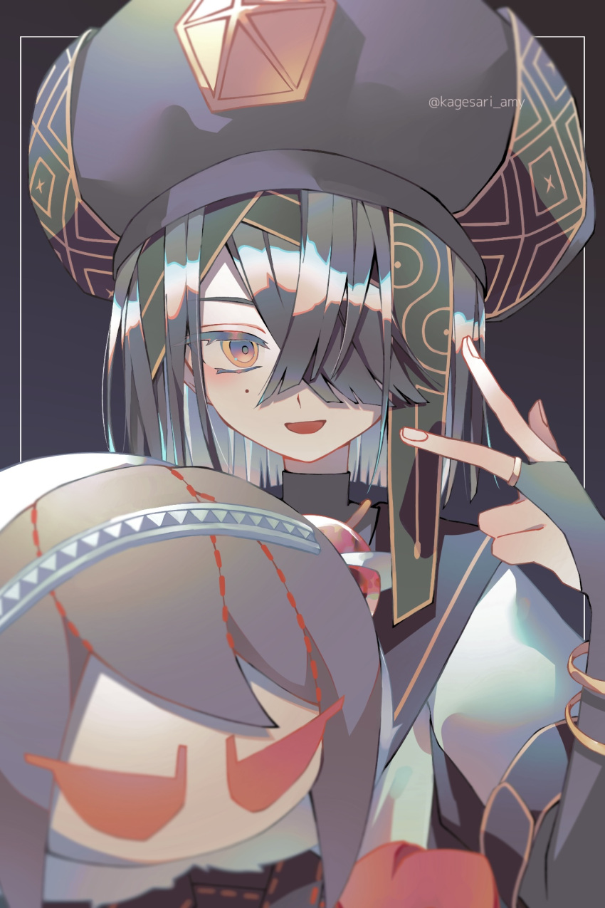 1girl black_hair blue_hat brown_eyes character_doll chinese_clothes doll fate/grand_order fate_(series) gem gloves hair_over_eyes hair_over_one_eye hat highres holding holding_doll ichi_se3nemui long_bangs long_sleeves looking_at_viewer mole mole_under_eye orb robe short_hair solo space_xu_fu_(fate) straight_hair upper_body v white_robe wide_sleeves xu_fu_(fate)
