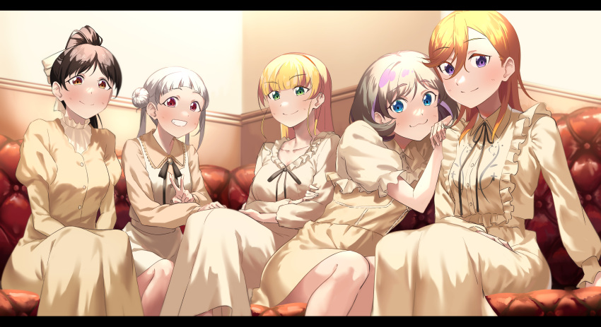 5girls absurdres arashi_chisato black_hair black_ribbon blonde_hair blue_eyes blunt_bangs breasts brown_eyes closed_mouth collarbone collared_dress commentary_request double_bun dress frilled_dress frills green_eyes grey_hair hair_bun hand_on_another's_shoulder hazuki_ren heanna_sumire highres indoors leaning_on_person long_hair long_sleeves looking_at_viewer love_live! love_live!_superstar!! medium_breasts medium_hair multiple_girls neck_ribbon oikakeru_yume_no_saki_de orange_hair ponytail puffy_long_sleeves puffy_short_sleeves puffy_sleeves red_eyes repurika ribbon shibuya_kanon short_hair short_sleeves sidelocks sitting smile tang_keke upper_body v violet_eyes yellow_dress