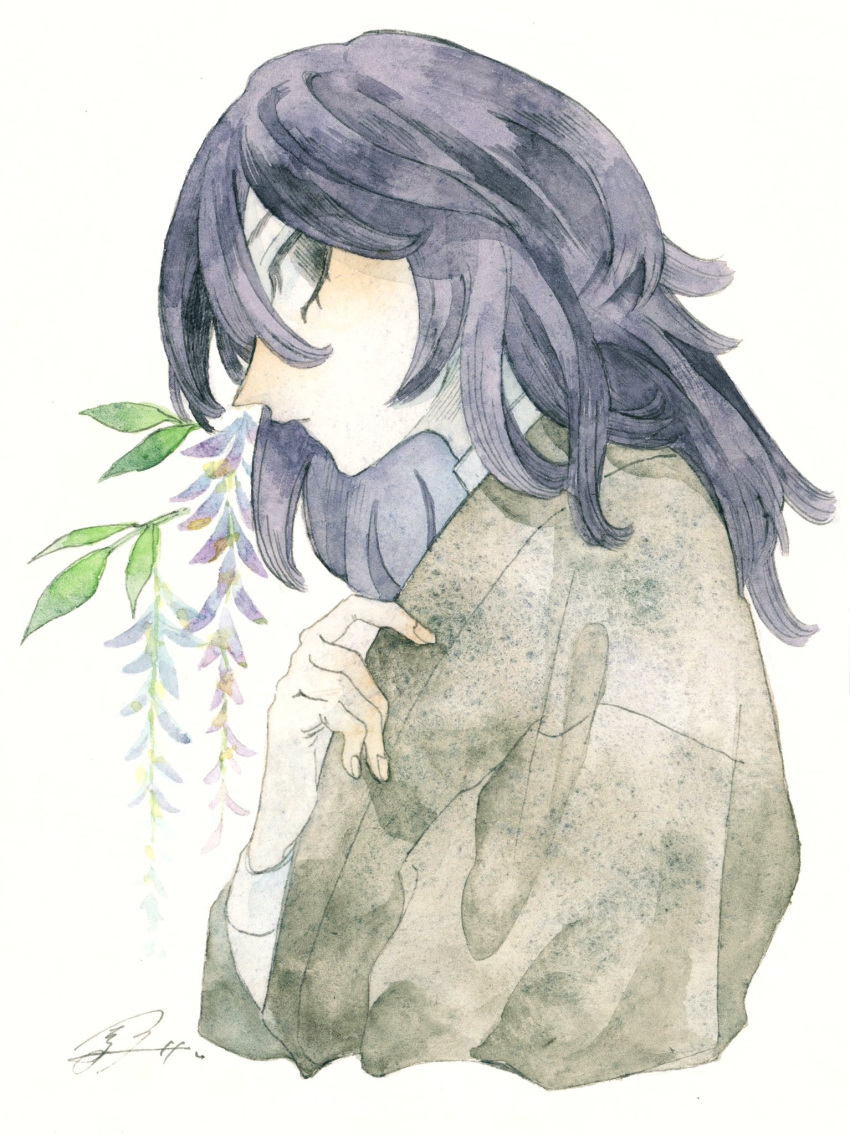 1boy black_eyes cropped_torso flower from_side hair_between_eyes hand_up highres japanese_clothes kimono kz_m_i leaf long_hair long_sleeves looking_at_viewer male_focus original painting_(medium) profile purple_hair signature simple_background solo traditional_media upper_body watercolor_(medium) white_background