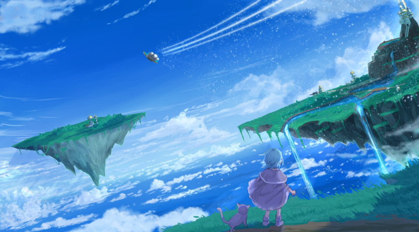 1boy above_clouds aircraft airship alfador black_cat castle cat chrono_trigger clouds commentary_request fantasy floating_island grass highres janus_zeal male_focus mountain ocean outdoors photoshop_(medium) santo_moco scenery sky standing water waterfall