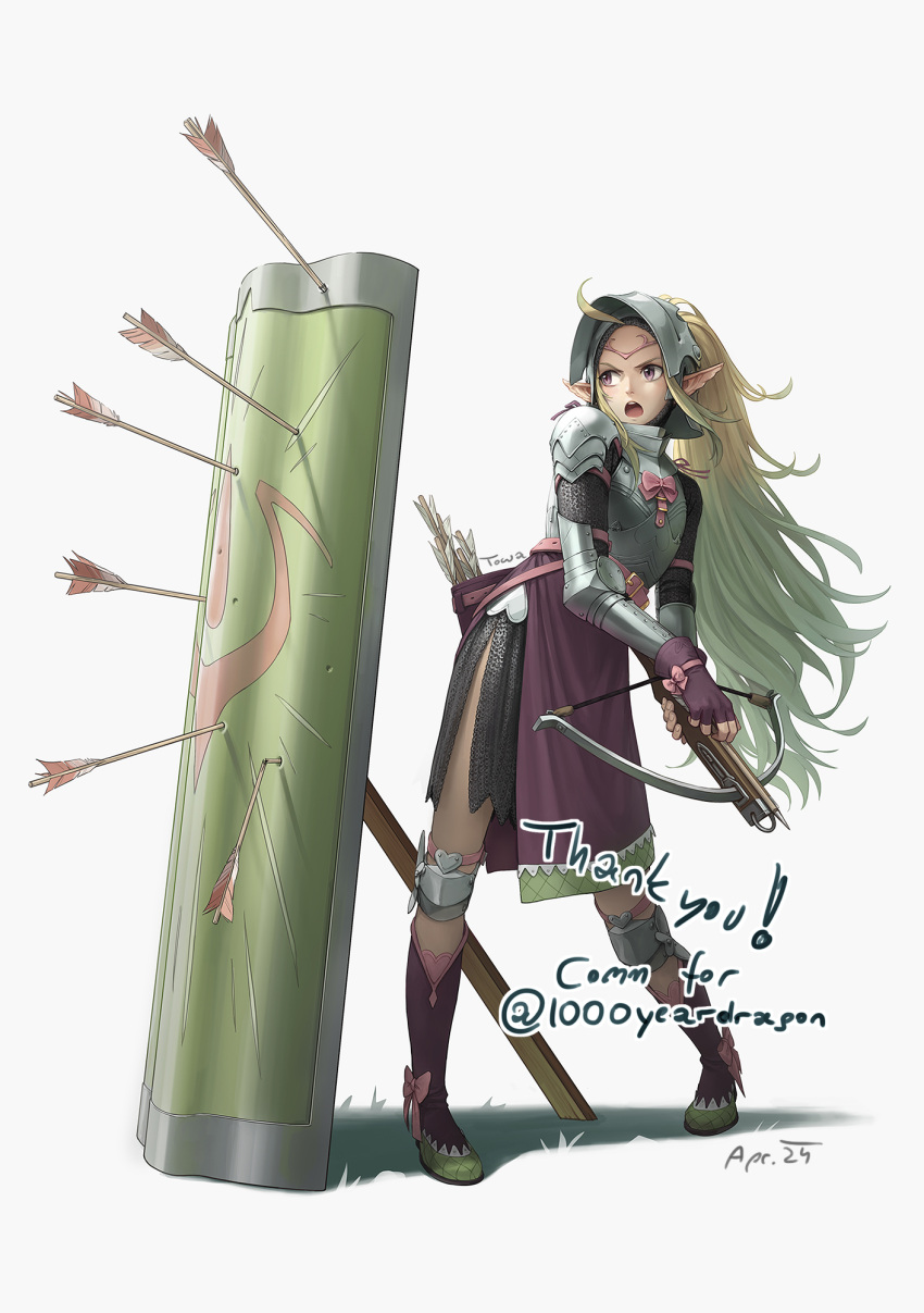 1girl alternative_costume armor armored_dress arrow_(projectile) artist_name commentary commission crossbow english_commentary fingerless_gloves fire_emblem fire_emblem_awakening gloves green_hair helmet highres holding holding_crossbow holding_weapon kazuko_(towa) long_hair nowi_(fire_emblem) open_mouth pauldrons pointy_ears ponytail shadow shield shoulder_armor simple_background solo thank_you violet_eyes weapon white_background