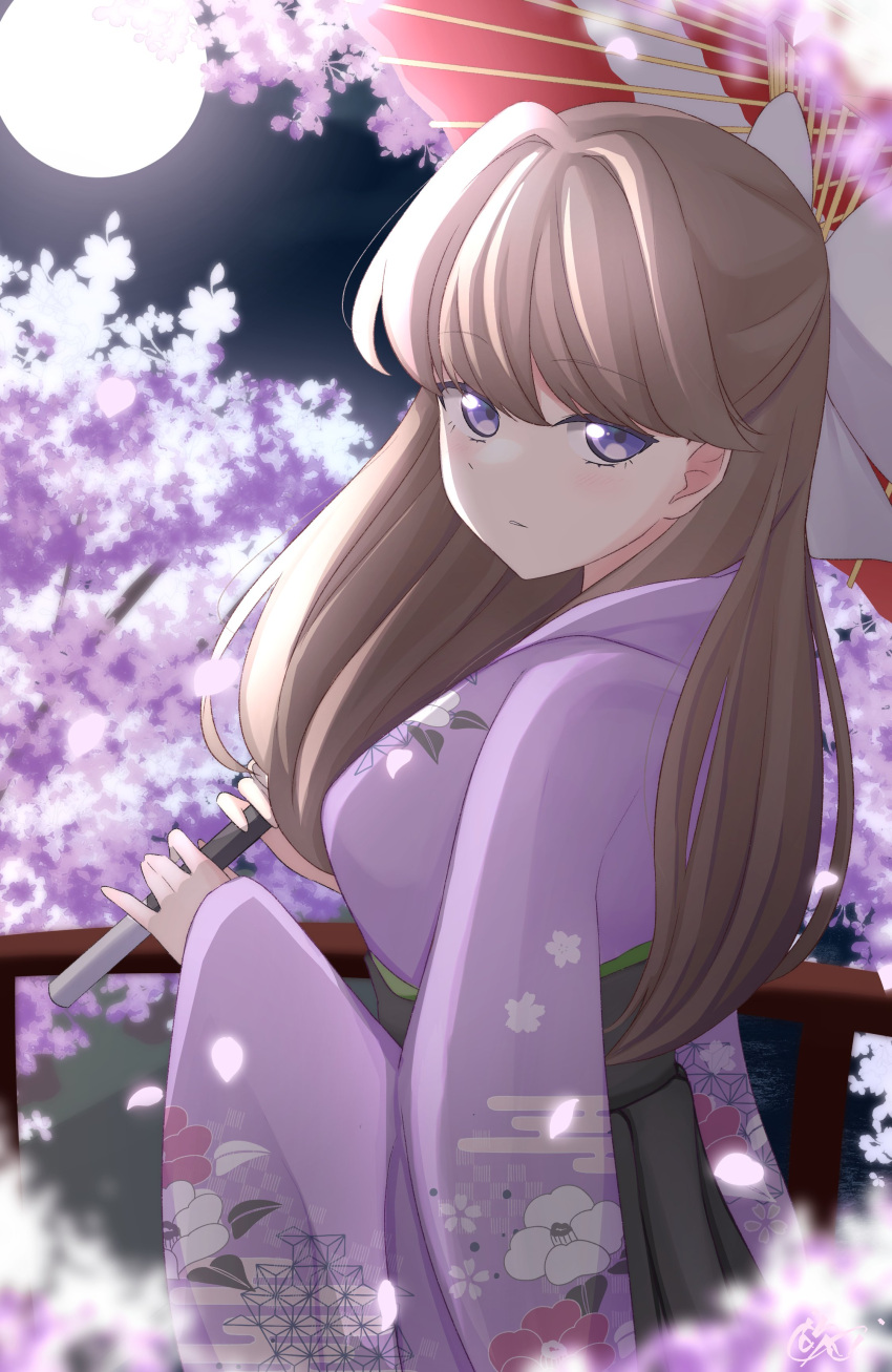 1girl absurdres blurry blurry_foreground bow breasts brown_hair cherry_blossoms commentary floral_print floral_print_kimono from_behind fujishima_megumi hair_bow half-closed_eyes half_updo highres holding holding_umbrella japanese_clothes kimono large_breasts link!_like!_love_live! long_hair long_sleeves looking_at_viewer looking_back love_live! moon night oil-paper_umbrella parted_lips purple_kimono solo symbol-only_commentary tsubuan_(in_taiyaki) umbrella upper_body violet_eyes white_bow wide_sleeves