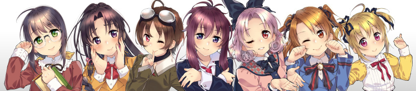 6+girls absurdres ahoge black_hair blazer blonde_hair blue_jacket book braid chikage_(sister_princess) cupping_hands curly_hair folded_ponytail glasses goggles goggles_on_head hands_on_own_face haruka_(sister_princess) highres hinako_(sister_princess) jacket kashiwagi_sumika long_hair looking_at_viewer marie_(sister_princess) multiple_girls one_eye_closed own_hands_together pink_jacket purple_hair red_eyes red_shirt redhead rinrin_(sister_princess) school_swimsuit shirayuki_(sister_princess) shirt short_hair sidelocks simple_background single_braid sister_princess smile swimsuit twintails two_side_up violet_eyes w_arms white_background wide_image yellow_jacket yotsuba_(sister_princess)