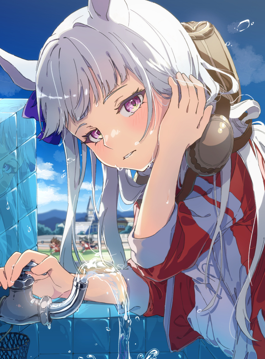 3girls animal_ears blunt_bangs blush commentary_request day ear_ribbon gold_ship_(umamusume) grey_hair hand_on_own_face hat highres horse_ears horse_girl horse_tail komeko97 long_hair long_sleeves looking_at_viewer multiple_girls open_mouth outdoors pillbox_hat shirt solo_focus tail tracen_training_uniform umamusume upper_body violet_eyes water wet wet_face