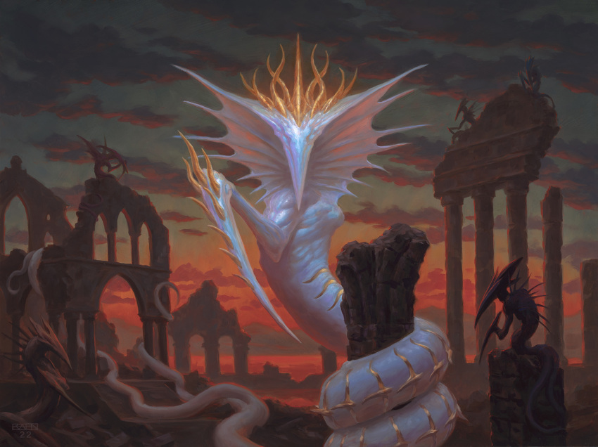 animal_focus arch arthropod_limbs broken_pillar chris_rahn clouds cloudy_sky commentary english_commentary facing_viewer gradient_sky highres magic:_the_gathering monster no_eyes no_humans no_mouth official_art oil_painting_(medium) outdoors painting_(medium) pillar ruins sky sliver_(magic_the_gathering) sliver_gravemother sunset tail tail_wrap traditional_media very_long_tail