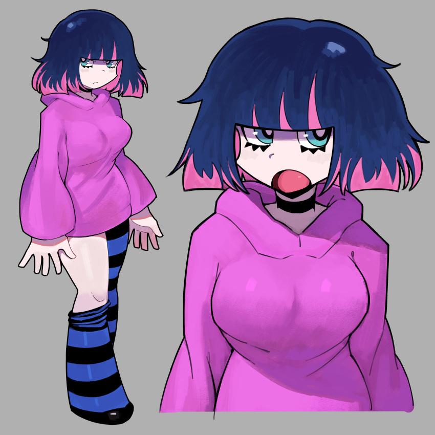 1girl absurdres alternate_hairstyle asymmetrical_legwear black_choker black_hair blastoisenn blunt_bangs breasts choker closed_mouth highres hood hoodie large_breasts multicolored_hair open_mouth panty_&amp;_stocking_with_garterbelt pink_hair purple_hoodie short_hair solo stocking_(psg) striped_clothes striped_thighhighs thigh-highs