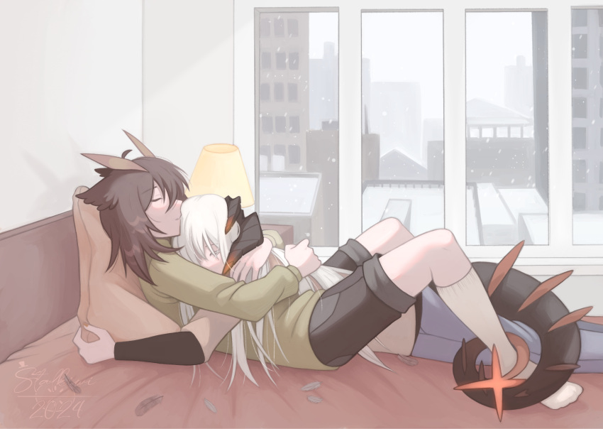 2girls arkiwi arknights bedroom between_legs black_shorts brown_hair commentary cuddling dragon_girl dragon_horns dragon_tail english_commentary feather_hair feathers green_sweater highres horns hug indoors lamp layered_sleeves long_hair long_sleeves multiple_girls on_bed pillow saria_(arknights) short_over_long_sleeves short_sleeves shorts silence_(arknights) sleeping sleeping_on_person snowing sweater tail tail_around_another's_leg tail_wrap white_hair window yuri
