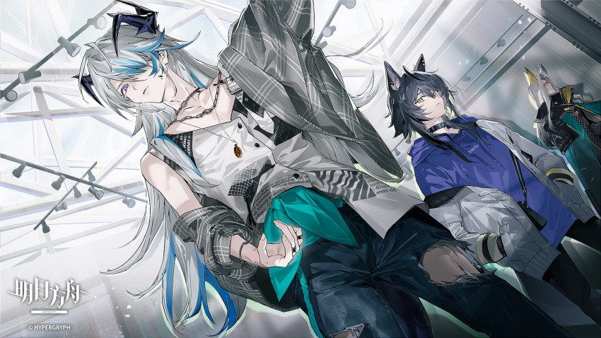 3boys alternate_costume animal_ears arknights arm_up beard blue_hair blue_shirt commentary_request cowboy_shot denim facial_hair frown grey_hair grey_jacket hands_in_pockets hellagur_(arknights) highres horns indoors infection_monitor_(arknights) jacket jeans jewelry kaninn long_hair looking_to_the_side material_growth multicolored_hair multiple_boys multiple_necklaces multiple_rings oripathy_lesion_(arknights) pants puzzle_(amidst_the_pieces)_(arknights) puzzle_(arknights) ring shirt stage_lights streaked_hair torn_clothes torn_pants very_long_hair vigil_(arknights) vigil_(the_other_side_of_siracusa)_(arknights) violet_eyes white_hair white_jacket white_shirt wolf_ears