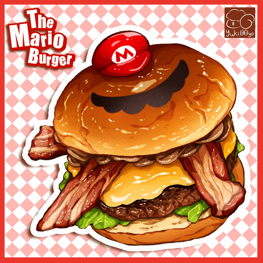 argyle_background bacon bread burger cheese facial_hair food food_focus food_name hat highres lettuce mario meat mushroom mustache no_humans original peaked_cap super_mario_bros. yuki00yo