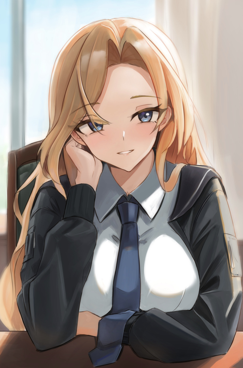 1girl absurdres black_necktie blonde_hair blue_eyes bomber_jacket breasts dawn_1945 dress_shirt highres hornet_(kancolle) indoors jacket kantai_collection large_breasts long_hair long_sleeves looking_at_viewer necktie shirt solo table upper_body white_shirt
