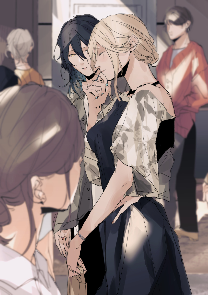 2boys 3girls absurdres bag black_dress black_hair blonde_hair blue_nails blurry blurry_background blurry_foreground blush bracelet brown_hair closed_eyes closed_mouth commentary_request dress grey_jacket hair_up hand_on_another's_waist hand_up highres holding holding_bag ito_shiori jacket jewelry long_sleeves looking_at_another medium_hair multiple_boys multiple_girls off-shoulder_dress off_shoulder original outdoors red_nails red_shirt sara_turner shirt shisa_co short_hair smile violet_eyes white_hair yellow_eyes yuri