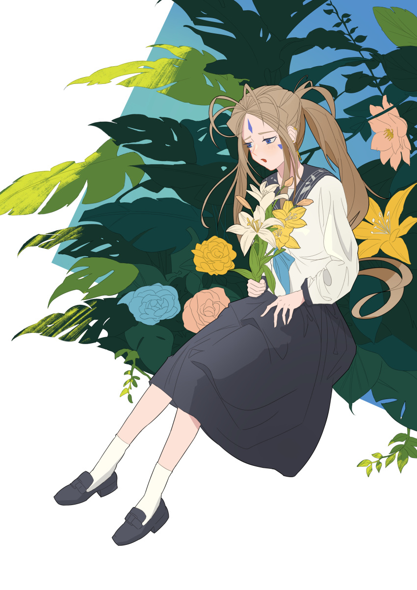 1girl aa_megami-sama absurdres alternate_costume antenna_hair belldandy black_footwear black_sailor_collar black_skirt blue_neckerchief bouquet brown_hair commentary facial_mark floral_background flower forehead_mark from_side highres holding holding_bouquet invisible_chair lily_(flower) long_hair looking_to_the_side neckerchief open_mouth ponytail rose sailor_collar school_uniform serafuku shirt sitting skirt socks solo user_zfks3237 white_shirt white_socks