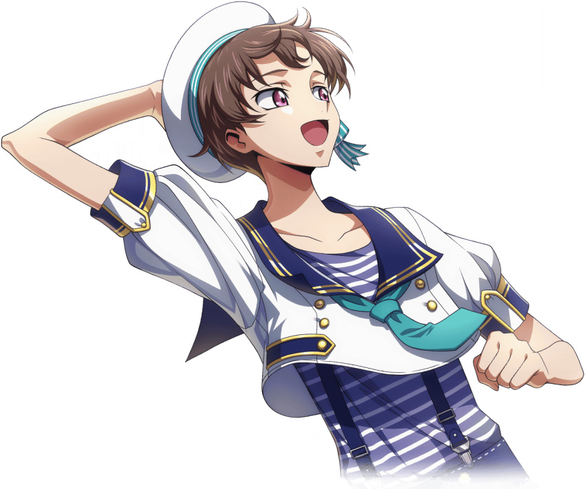 1boy adjusting_clothes adjusting_headwear aqua_necktie arm_up artist_request beret blue_sailor_collar blue_shirt brown_hair buttons clenched_hand code_geass code_geass:_lost_stories collarbone crop_top cropped_torso double-breasted dutch_angle game_cg gold_trim hand_up happy hat looking_back male_focus necktie non-web_source official_art open_mouth rolo_lamperouge running sailor_collar shirt shirt_tucked_in short_hair short_sleeves sidelocks simple_background smile striped_clothes striped_shirt suspenders transparent_background upper_body violet_eyes white_hat white_shirt