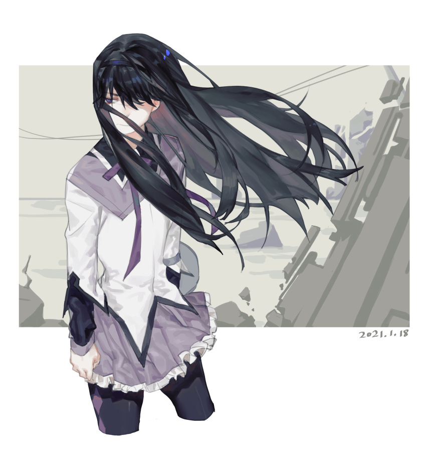 1girl :| absurdres akemi_homura argyle_clothes argyle_legwear arms_at_sides bad_id bad_lofter_id black_hair black_hairband black_pantyhose capelet closed_mouth cowboy_shot cropped_legs dated expressionless floating_hair frilled_skirt frills hairband heikewu highres jacket long_hair long_sleeves looking_to_the_side mahou_shoujo_madoka_magica mahou_shoujo_madoka_magica_(anime) neck_ribbon one_eye_covered pantyhose power_lines purple_capelet purple_ribbon purple_skirt ribbon sideways_glance skirt solo standing violet_eyes white_background white_jacket