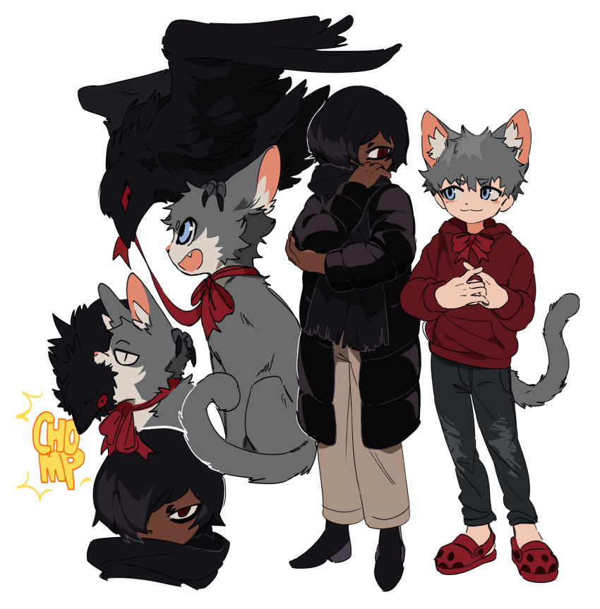 2boys :3 animal_ear_fluff animal_ears animalization bird black_coat black_hair black_pants black_scarf blue_eyes brown_eyes brown_pants cat cat_boy cat_ears cat_tail closed_mouth coat crocs crow dark-skinned_male dark_skin deviidog0 english_commentary english_text full_body grey_hair hair_over_one_eye hands_up highres hood hood_down hoodie light-skinned_palms long_sleeves looking_at_another looking_at_viewer male_focus multiple_boys neck_ribbon original own_hands_together pants rabbit+tank_form_(black_hazard) red_eyes red_footwear red_hoodie ribbon scarf short_eyebrows short_hair sound_effects standing tail very_dark_skin very_short_hair white_background