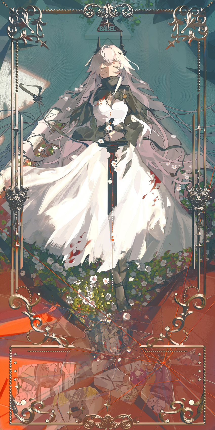 1girl absurdly_long_hair absurdres amiya_(arknights) arknights black_dress blood blood_on_clothes border cleavage_cutout closed_eyes closed_mouth clothing_cutout collared_dress doctor_(arknights) dress facing_viewer flower full_body glass highres holding holding_sword holding_weapon horns inset_border kal'tsit_(arknights) long_dress long_hair long_sleeves lying on_back ornate_border own_hands_together shattered sleeping smile solo_focus sword theresis_(arknights) toto_(caaaaarrot) two-tone_dress very_long_hair w_(arknights) wavy_hair weapon white_dress white_flower white_hair
