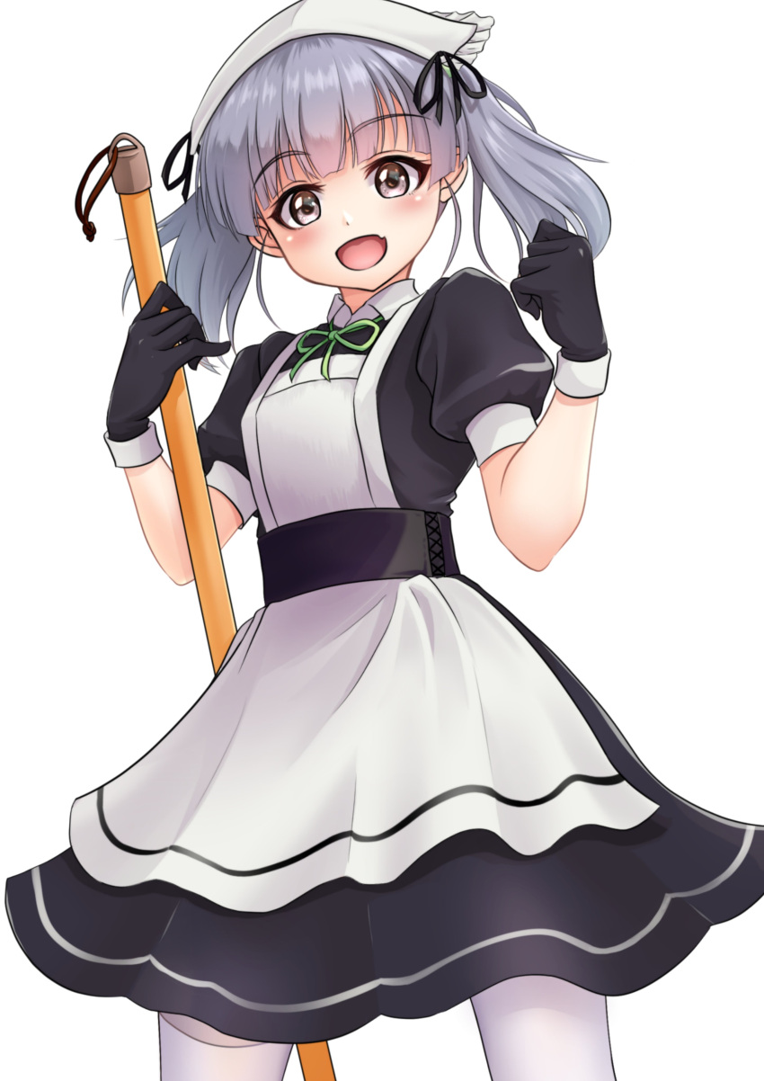 1girl absurdres apron black_dress black_gloves brown_eyes dress feet_out_of_frame gloves grey_hair highres kantai_collection maid_day makura_(y_makura) medium_hair mop ooshio_(kancolle) pantyhose puffy_short_sleeves puffy_sleeves short_sleeves simple_background smile solo twintails white_apron white_background white_pantyhose