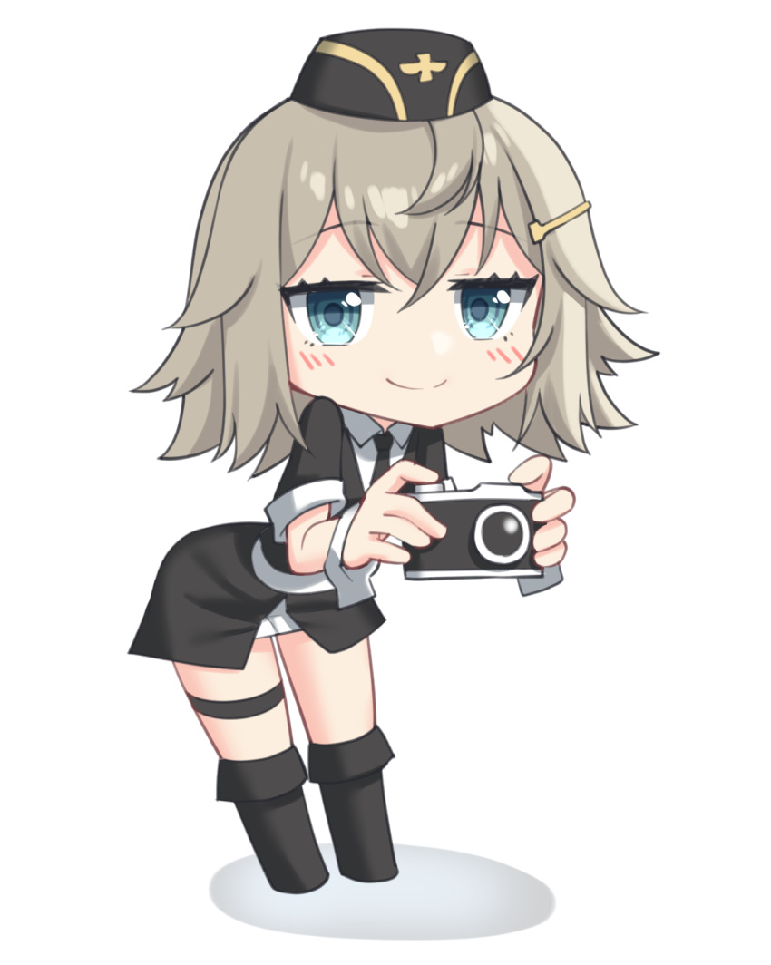 1girl black_footwear black_hat black_jacket black_necktie blonde_hair blue_eyes boots camera chibi closed_mouth commentary crossed_bangs english_commentary full_body garrison_cap girls_frontline hair_between_eyes hair_ornament hairclip hat highres holding holding_camera jacket leaning_forward light_blush looking_at_viewer military_uniform mp41_(girls'_frontline) necktie rynzfrancis shadow shirt short_hair short_sleeves simple_background skirt smile solo standing uniform white_background white_shirt white_skirt white_wrist_cuffs wrist_cuffs