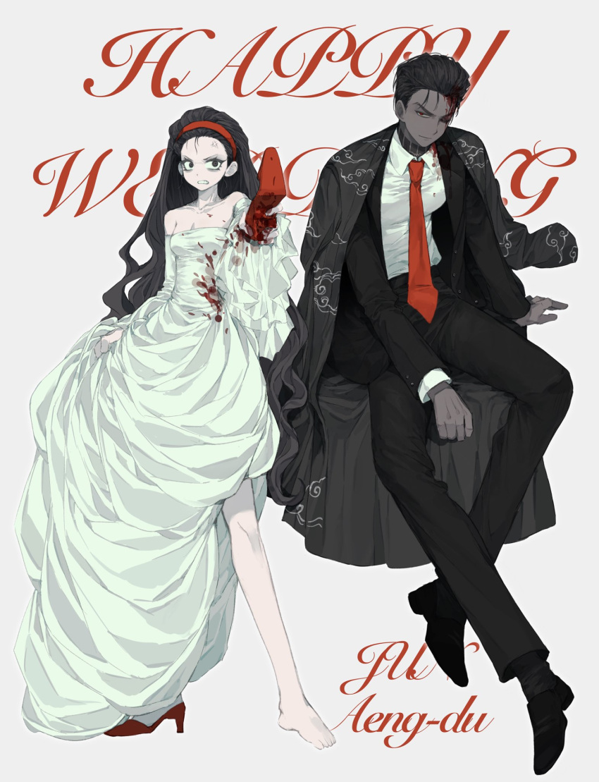 1boy 1girl aeng-du_(project_moon) anzekeye black_coat black_eyes black_hair black_pants blood blood_on_clothes blood_on_face blood_on_hands clenched_teeth coat coat_on_shoulders collared_shirt dark-skinned_male dark_skin dress hair_slicked_back highres holding_shoe jun_(project_moon) limbus_company long_hair looking_at_viewer necktie one_eye_closed pants project_moon red_necktie shirt shoes teeth unworn_shoes very_long_hair wedding_dress white_dress white_shirt