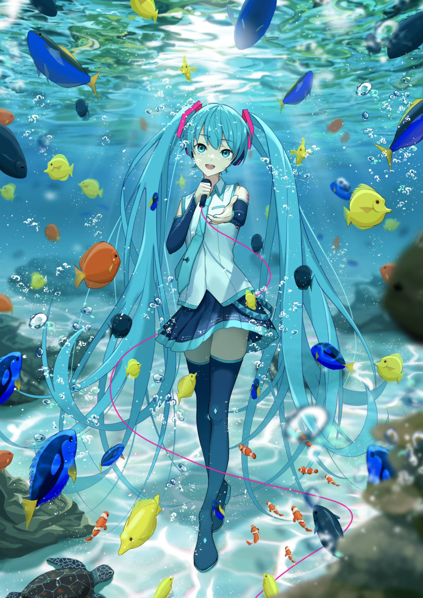 1girl :d aqua_eyes aqua_hair aqua_nails aqua_necktie bare_shoulders black_skirt black_sleeves black_thighhighs blurry blurry_background bubble caustics clownfish commentary_request detached_sleeves discover5 fish foreshortening freediving full_body hair_ornament hatsune_miku hatsune_miku_(vocaloid4) headphones highres holding holding_microphone long_hair looking_at_viewer microphone microphone_cord miniskirt nail_polish necktie ocean outstretched_arm pleated_skirt reaching reaching_towards_viewer regal_blue_tang sea_turtle seafloor shirt shoulder_tattoo skirt sleeveless sleeveless_shirt smile solo standing surgeonfish tattoo thigh-highs tropical_fish turtle twintails underwater v4x very_long_hair vocaloid white_shirt yellow_tang zettai_ryouiki