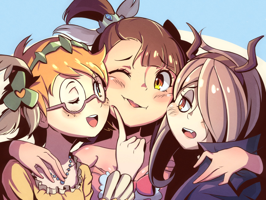 3girls ;p absurdres black_bow blonde_hair blue_background bow brown_hair dress everyone fake_horns fang glasses hair_bow hair_over_one_eye halloween_costume hand_on_another's_shoulder highres horns hug jewelry kagari_atsuko little_witch_academia lotte_jansson madabau multiple_girls necklace one_eye_closed open_mouth pink_bow simple_background sucy_manbavaran tongue tongue_out witch yellow_dress yellow_eyes