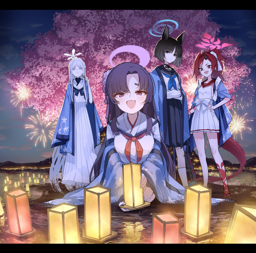 absurdres black_hair blue_archive blush breasts eyeliner fang firebloom_conflict_resolution_council_(blue_archive) fireworks flower hair_flower hair_ornament halo haori highres japanese_clothes kikyou_(blue_archive) long_hair looking_at_viewer makeup nagusa_(blue_archive) neckerchief open_mouth osisio pleated_skirt purple_hair purple_halo red_eyeliner red_eyes red_neckerchief redhead renge_(blue_archive) sailor_collar school_uniform serafuku shirt_overhang skin_fang skirt smile solo violet_eyes white_hair yukari_(blue_archive)