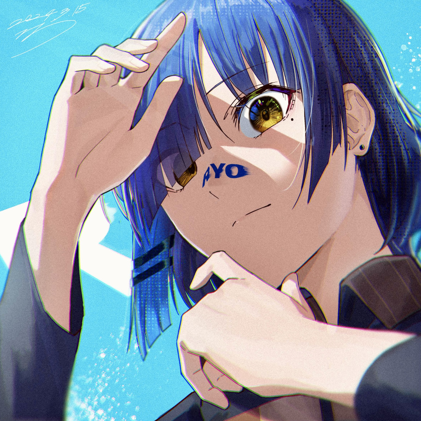 1girl blue_background blue_hair blue_shirt blunt_bangs bocchi_the_rock! character_name closed_mouth collared_shirt commentary earrings english_commentary eyes_visible_through_hair hair_ornament hairclip hand_up head_tilt highres jewelry long_sleeves looking_at_viewer medium_hair mole mole_under_eye parted_bangs seisyuntarotto shaded_face shirt sidelocks signature simple_background solo yamada_ryo yellow_eyes