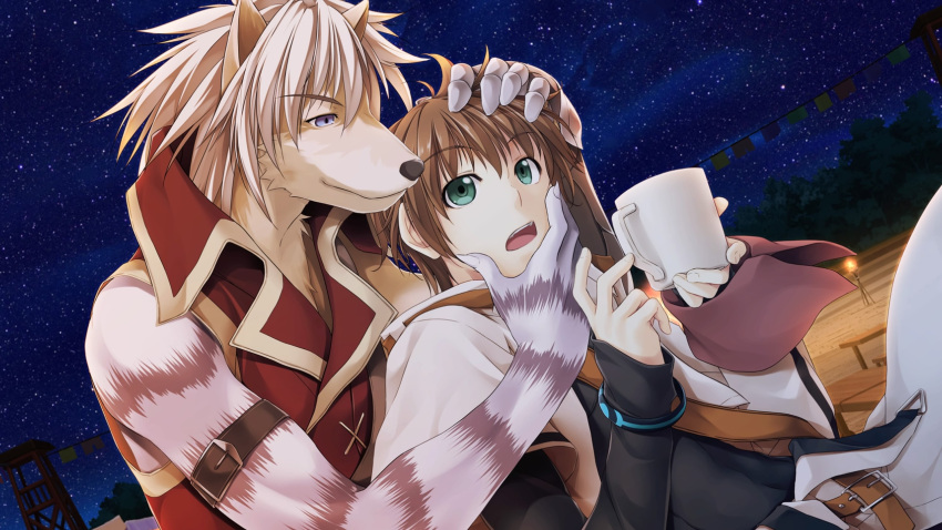 2boys alto_travers animal_ears animal_hands atelier-moo belt blue_eyes brown_hair closed_eyes cup dog_boy dog_ears dog_nose furry green_eyes hair_between_eyes highres holding holding_cup long_sleeves multiple_boys night night_sky open_mouth short_hair sky smile star_(sky) starry_sky volk_dartfang wizards_symphony wolf_boy