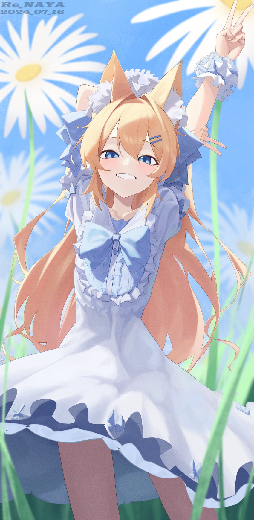 1girl absurdres alternate_costume animal_ear_fluff animal_ears arm_behind_head arms_up artist_name blue_archive blue_eyes bow dated double_v dress flower hair_ornament hairclip highres large_bow long_hair mari_(blue_archive) no_halo orange_hair re_naya scrunchie smile solo v white_dress white_flower wrist_scrunchie