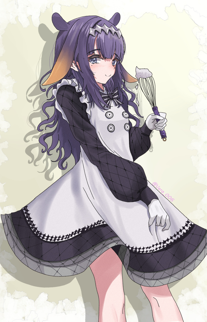1girl animal_ears apron black_dress blush buttons clothed_male_nude_male commentary dress drop_shadow english_commentary feet_out_of_frame flat_chest frilled_apron frills gloves gradient_hair grey_eyes hair_flaps headpiece highres holding holding_whisk hololive hololive_english long_hair long_sleeves looking_at_viewer multicolored_hair ninomae_ina'nis ninomae_ina'nis_(6th_costume) nude official_alternate_costume official_alternate_hairstyle orange_hair pointy_ears puffy_long_sleeves puffy_sleeves purple_hair sidelocks smile solo tentacle_hair twitter_username varo_006 virtual_youtuber wavy_hair whisk white_apron white_gloves