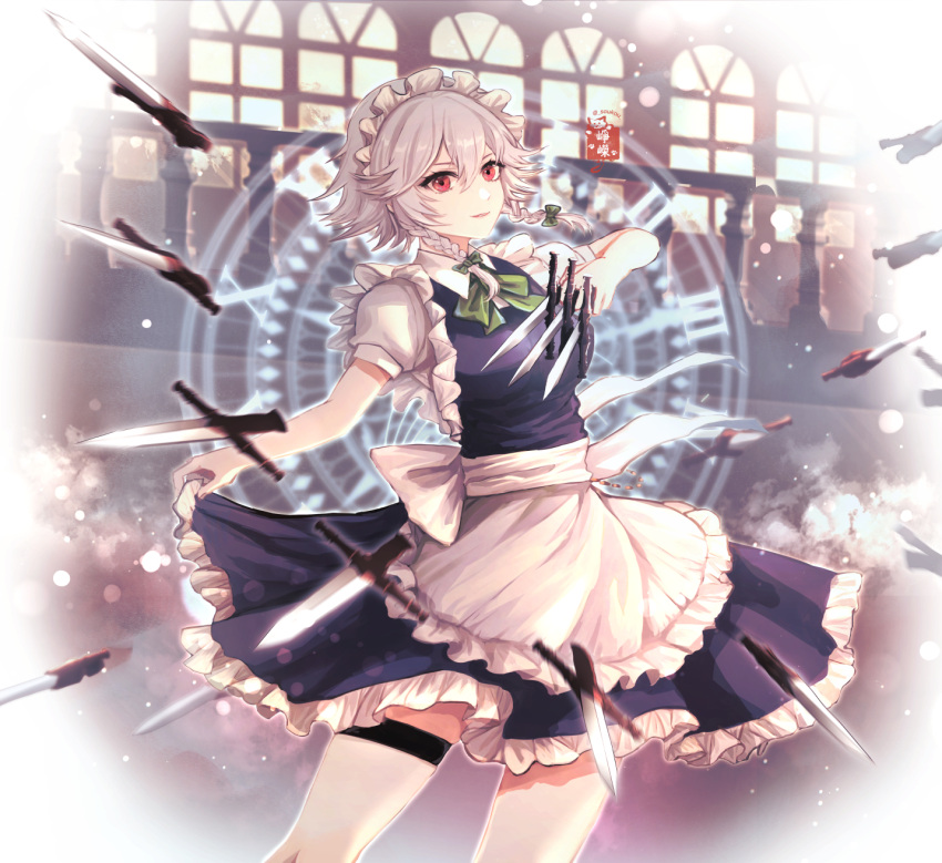 1girl apron between_fingers bow bowtie braid commentary green_bow green_bowtie grey_hair highres holding holding_knife izayoi_sakuya knife knives_between_fingers light_smile looking_at_viewer maid maid_apron maid_headdress puffy_short_sleeves puffy_sleeves red_eyes short_sleeves skirt_hold solo soukou_(artist) touhou twin_braids waist_apron watermark white_apron