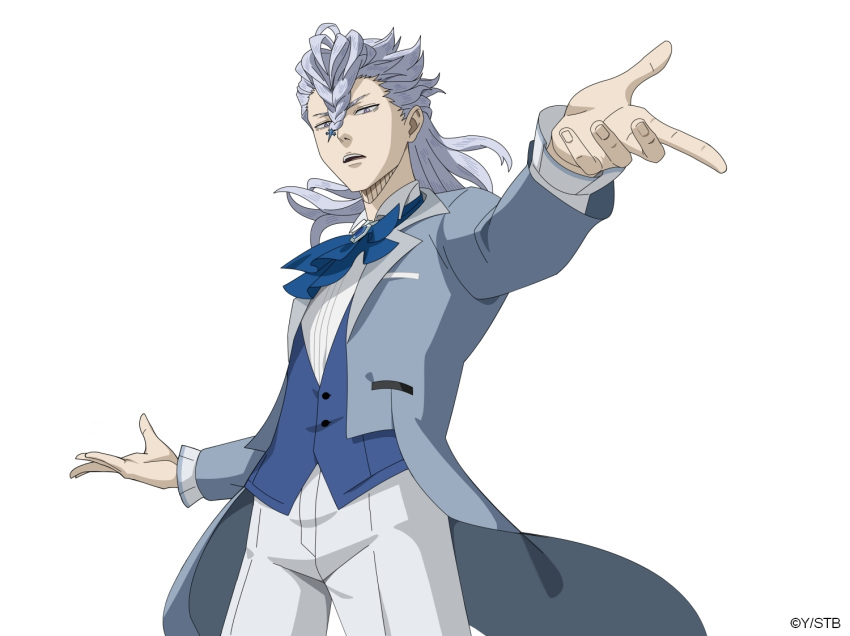 1boy ascot black_clover black_clover_m:_rise_of_the_wizard_king blue_ascot blue_vest braid collared_shirt grey_hair grey_jacket hair_between_eyes jacket looking_at_viewer medium_hair nozel_silva official_alternate_costume official_art open_clothes open_jacket open_mouth pants shirt simple_background solo tuxedo_jacket vest violet_eyes white_background white_pants white_shirt