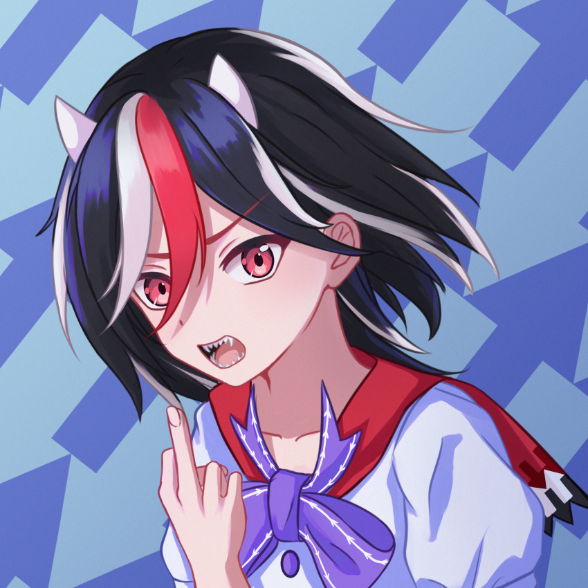 1girl arrow_(symbol) arrow_print black_hair blue_background bow bowtie buttons chunjiu collarbone cone_horns fangs gradient_background hair_between_eyes highres horns kijin_seija looking_at_viewer medium_hair middle_finger multicolored_hair open_mouth puffy_short_sleeves puffy_sleeves purple_bow purple_bowtie red_eyes redhead sharp_teeth shirt short_sleeves simple_background streaked_hair teeth touhou v-shaped_eyebrows white_hair white_horns white_shirt