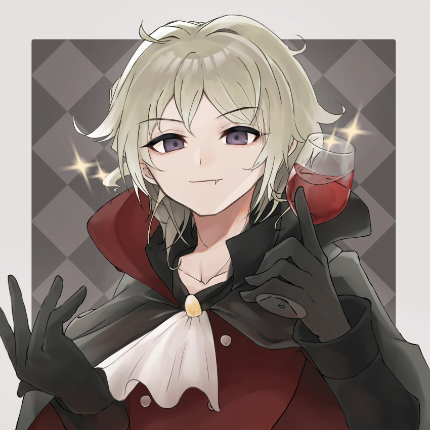 1boy absurdres ascot bishounen black_cape black_gloves border cape closed_mouth collarbone cup drinking_glass fang fang_out gloves grey_hair halloween highres holding holding_cup kiryuu_yoshiya looking_at_viewer male_focus pale_skin short_hair simple_background smile solo sparkle subarashiki_kono_sekai upper_body vampire violet_eyes white_ascot white_border wine_glass yama_(toaru_puyopuyo)