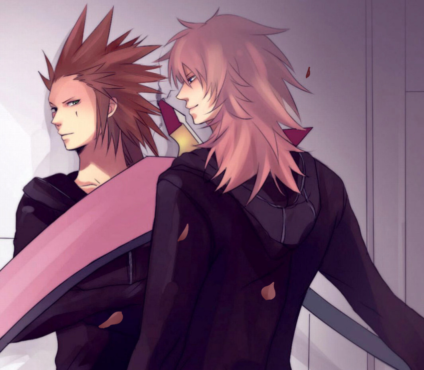 2boys axel_(kingdom_hearts) black_coat black_coat_(kingdom_hearts) coat commentary_request crossed_arms facial_mark falling_petals green_eyes hair_slicked_back holding holding_scythe hood hood_down hooded_coat indoors kingdom_hearts kingdom_hearts_chain_of_memories long_hair long_sleeves looking_at_another looking_to_the_side male_focus marluxia minatoya_mozuku multiple_boys petals pink_hair redhead scythe smirk spiky_hair upper_body