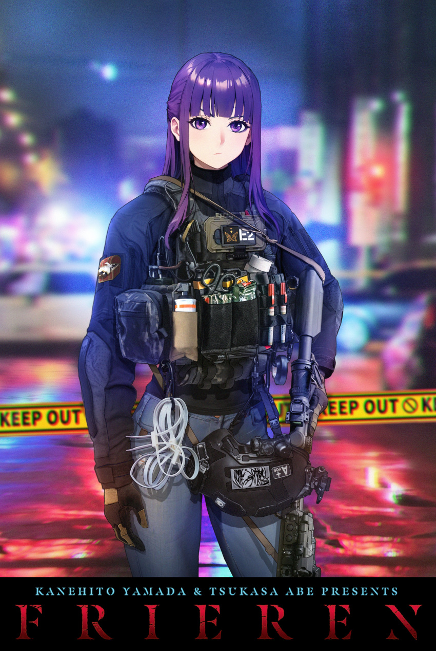 1girl absurdres ar-15 assault_rifle black_gloves black_jacket blue_pants blurry blurry_background car caution_tape chinese_commentary closed_mouth commentary_request contrapposto copyright_name cowboy_shot denim expressionless fern_(sousou_no_frieren) frieren gloves gun helmet highres holding holding_gun holding_weapon jacket jeans keep_out load_bearing_vest long_hair long_sleeves looking_at_viewer magazine_(weapon) motor_vehicle night outdoors pants police_car purple_hair rifle smoke_grenade solo sousou_no_frieren standing tiewan trigger_discipline violet_eyes walkie-talkie weapon