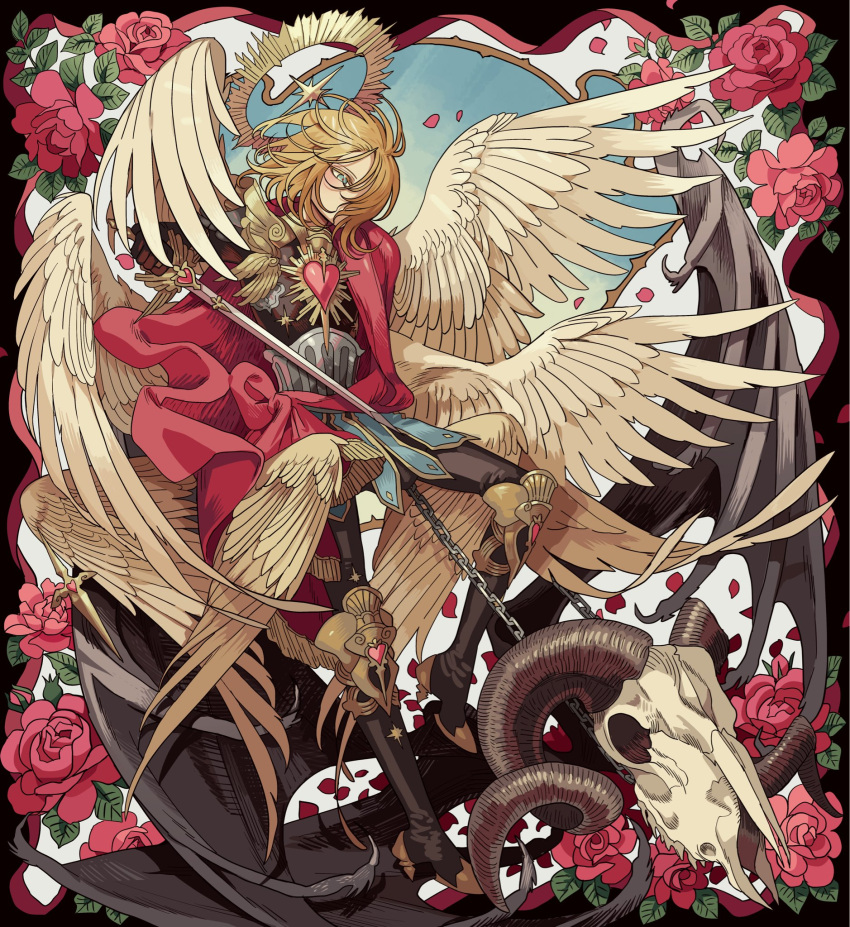 animal_skull armor bad_id bad_twitter_id black_wings blonde_hair blue_eyes cape chain character_request copyright_request demon_wings feathered_wings floral_background flower full_body hair_over_one_eye halo high_heels highres long_sleeves meremero multiple_wings petals red_cape red_flower red_rose rose rose_petals short_hair solo standing white_wings wings yellow_halo