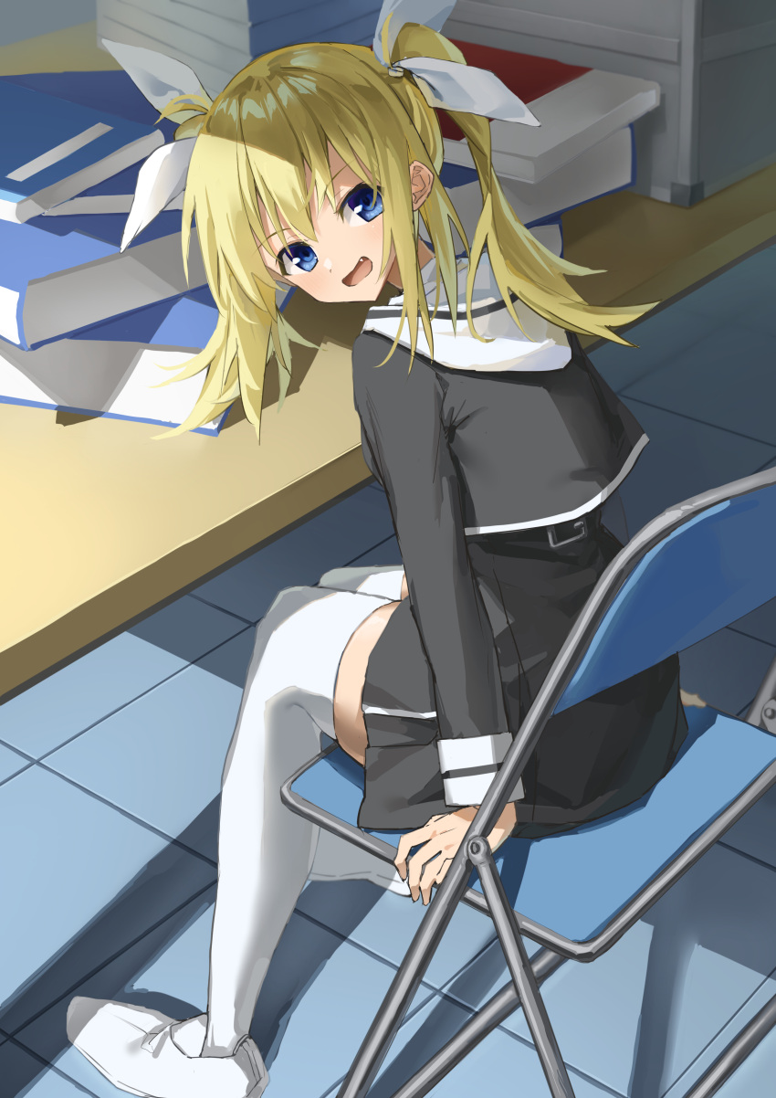 1girl absurdres arimura_hinae arms_at_sides black_jacket black_skirt blonde_hair blue_eyes blush chaos;child commentary cropped_jacket fang from_behind full_body hair_between_eyes hair_ribbon happy high-waist_skirt highres indoors jacket leaning_forward long_hair long_sleeves looking_at_viewer looking_back n_tarou on_chair open_mouth ribbon sailor_collar school_uniform serafuku sitting skirt smile solo thigh-highs tile_floor tiles twintails white_footwear white_ribbon white_sailor_collar white_thighhighs zettai_ryouiki