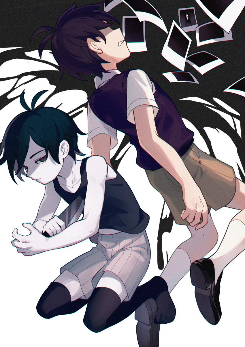 2boys absurdres black_eyes black_footwear black_hair black_sweater_vest black_tank_top black_thighhighs brick_st brown_shorts closed_mouth collared_shirt colored_skin expressionless faceless faceless_male highres holding holding_knife knife multiple_boys omori omori_(omori) parted_lips photo_(object) shirt short_sleeves shorts socks something_(omori) spoilers sunny_(omori) sweater_vest tank_top thigh-highs white_shirt white_skin white_socks